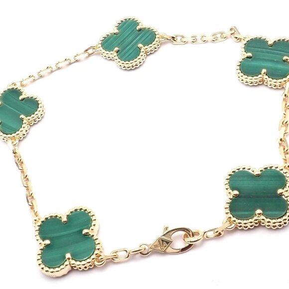 Authentic! Van Cleef & Arpels 18k Gold 5 Motif Malachite Alhambra Bracelet Cert. - Picture 4 of 15